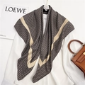 Elegant brown and gold geometric chain pattern silk scarf styled with a white shirt - Khaki Frame Geometric Chain Print (FN10-1)
