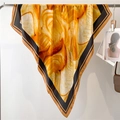 Silk satin square scarf featuring mustard yellow and beige ink print with contrast borders - Ginger Beige Abstract Ink (FE141-1) / 110X110CM