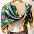 Silk-like emerald green square scarf with cartoon cat print and orange border trim - Dark Green Cat Illustration (FE112-2) / 110X110CM