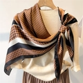 Elegant 110cm silk-satin scarf in brown and black plaid, styled on a beige sweater - Brown Black Simple Plaid (FE137-1) / 110X110CM