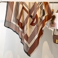 Silk-like satin square scarf featuring coffee and beige geometric patchwork patterns - Coffee Beige Grey Geometric (FE146-1) / 110X110CM