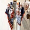 Fashionable 110cm silk satin scarf featuring orange floral patterns and geometric patchwork - Plaid Floral Patchwork (FE158-1) / 110X110CM