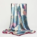 Elegant silk-like scarf with artistic leaf patterns in blue and purple, 90cm square wrap - Blue Leaves Wine Red Border