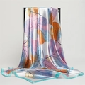 Satin square scarf with colorful leaf patterns for women in high-gloss silk finish - Light Blue Edge