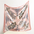 Pink floral satin square scarf with elegant lily print and smooth silk-like drape - 90x90cm / Pink (FT159-4)