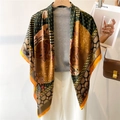 Elegant 110cm silk-satin scarf in vintage gold, deep green, and orange floral patterns - Gold Green Retro Floral (FE150-1) / 110X110CM
