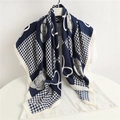 Navy blue houndstooth scarf with abstract patterns draped on a white t-shirt - Navy Blue (FN35-1)