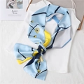Light blue floral print silk scarf styled as a narrow necktie for women - Light Blue and Yellow Flower (LJ21-H68)