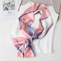 Floral print satin neck scarf in pink and blue tied on a white summer camisole top - Pink and Blue Floral (LJ21-H69)