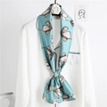 Floral print satin skinny scarf for women styled on a white professional shirt collar - Line Floral Green (LJ21-1)