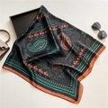 Elegant 110cm silk-like scarf in black and dark green with ethnic elephant and paisley patterns - Black Ethnic Elephant (FE104-1) / 110X110CM