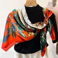 Orange silk-feel scarf with blue bird and leaf patterns draped on a black sweater - Orange Red Flower Bird (FE105-1) / 110X110CM