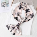 Elegant pink floral silk scarf for women shown tied on white silk top backdrop - Light Pink and Black Purple Floral (LJ21-H70)