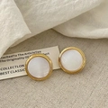 Detail of French vintage gold round stud earrings with white mother of pearl inlay - Gold Round