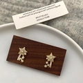 Detailed view of gold star-shaped earrings with micro-paved zircons on a wooden display - Stud Earrings (Pair) / Gold Paved Star Stud Earrings