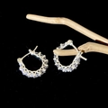 Detalle de pendientes de aro plateados con pavé de circonitas en un soporte de madera - Pequeño / Plata con Circonitas Completas