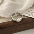 Detail of irregular silver-plated open ring with a lustrous white pearl on wood - Silver Irregular Pearl Ring (C-333)