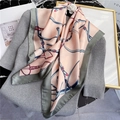 Elegant peach silk square scarf with horse harness pattern draped on a knit sweater - 70*70cm / Pink with Grey Edge