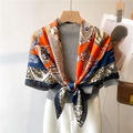 Elegant 110cm silk satin square scarf with orange and navy blue chain patterns - Retro Chain Patchwork (FE5-3) / 110X110CM