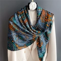 Satin silk scarf with blue and orange bohemian paisley print on cream blazer - Bohemian Mandala Print (FE90-1) / 110X110CM
