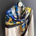 Elegant 110cm silk-satin scarf with tropical leaf pattern on cream blazer - Tropical Leaf Geometric Dot (FE67-1) / 110X110CM