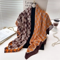 Silk-feel scarf with orange and coffee patchwork patterns of houndstooth and floral prints - Orange Coffee Houndstooth (FE70-1) / 110X110CM