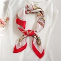 Fashionable chain pattern silk scarf with red and gold equestrian motifs tied on a white top - 70*70cm / Red Patchwork (FJ366-3)