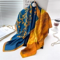Navy blue and orange silk scarf with gold leaf print elegantly draped on display - Blue Orange Art Branch (FE69-1) / 110X110CM