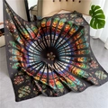 Square silk scarf featuring a black base with a colorful retro stained glass window pattern - Black Church Stained Glass (FE80-1) / 110X110CM