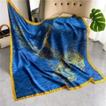 Blue and yellow abstract pattern silk-like square scarf draped elegantly on a sofa - Dark Blue Abstract Water (FE81-1) / 110X110CM
