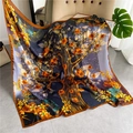 Deep grey silk square scarf with bright orange floral patterns and brown border - Grey Purple Orange Tree (FE82-1) / 110X110CM