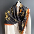 Elegant black silk scarf with golden vine prints and contrast orange border on a suit - Black Gold Grape Retro (FE84-2) / 110X110CM
