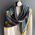 Elegant black silk-feel scarf with blue and gold marble pattern on white blazer - Black Marble Flow Pattern (FE85-1) / 110X110CM