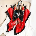 Detailed view of large satin silk scarf with vintage horse carriage and chain patterns - Black Border