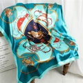 Detail of teal and navy satin scarf with vintage horse carriage and crest patterns - Lake Green