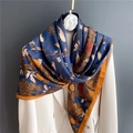 Deep blue and orange satin square scarf with floral bird print over white blazer - Navy Fine Brush Flower Bird (FE89-1) / 110X110CM