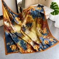 Silk satin square scarf featuring yellow flowers and blue feathers in retro patterns - Yellow Feather Tropical Leaf (FE91-1) / 110X110CM