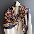 Elegant navy blue silk-feel square scarf with ornate floral and ethnic prints - Navy Ethnic Multicolor Print (FE92-1) / 110X110CM
