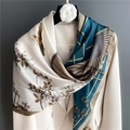 Elegant 110cm satin scarf with dark green bird and floral print draped on a suit - Dark Green Classic Art Bird (FE94-1) / 110X110CM