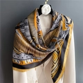 Elegant 110cm silk-satin scarf with yellow and black geometric patterns on white suit - Ginger Black White Ethnic Geometric (FE93-1) / 110X110CM