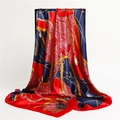 Detail of color-block silk scarf with golden chain motifs and paisley pattern texture - Red Navy (FT146-2)