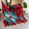 Red and blue kaleidoscope print square silk scarf with bright orange stitched edges - Red Kaleidoscope Art (FE83-1) / 110X110CM