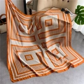 Satin silk scarf with orange borders and brown geometric patterns for fall winter fashion - Orange Border Step Geometric (FE77-1) / 110X110CM