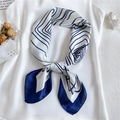 Elegant geometric blue silk scarf displayed on white top with a minimalist aesthetic - 70x70cm / Navy Blue