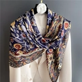 Elegant navy blue paisley silk-like scarf draped on a white blazer over grey background - Navy Exotic Floral (FE87-1) / 110X110CM