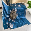 Deep blue silk-like satin shawl featuring white magnolia flowers and golden floral motifs - Navy Magnolia Flower (FE71-1) / 110X110CM