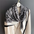 Elegant white silk scarf with black floral lace print and contrasting black border - Cream Black Lace Flower (FE73-1) / 110X110CM