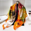Silk-like satin square scarf with vibrant oil painting floral pattern in orange and yellow - Orange Yellow Oil Painting (FE88-1) / 110X110CM