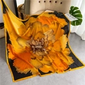 Silk-textured square scarf with orange floral pattern and black background 110cm - Black Large Yellow Flower (FE75-1) / 110X110CM
