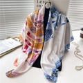 Silk satin square scarf with geometric wave patterns in red and blue including brooch - Beige Geometric Wave (FE74-1) / 110X110CM